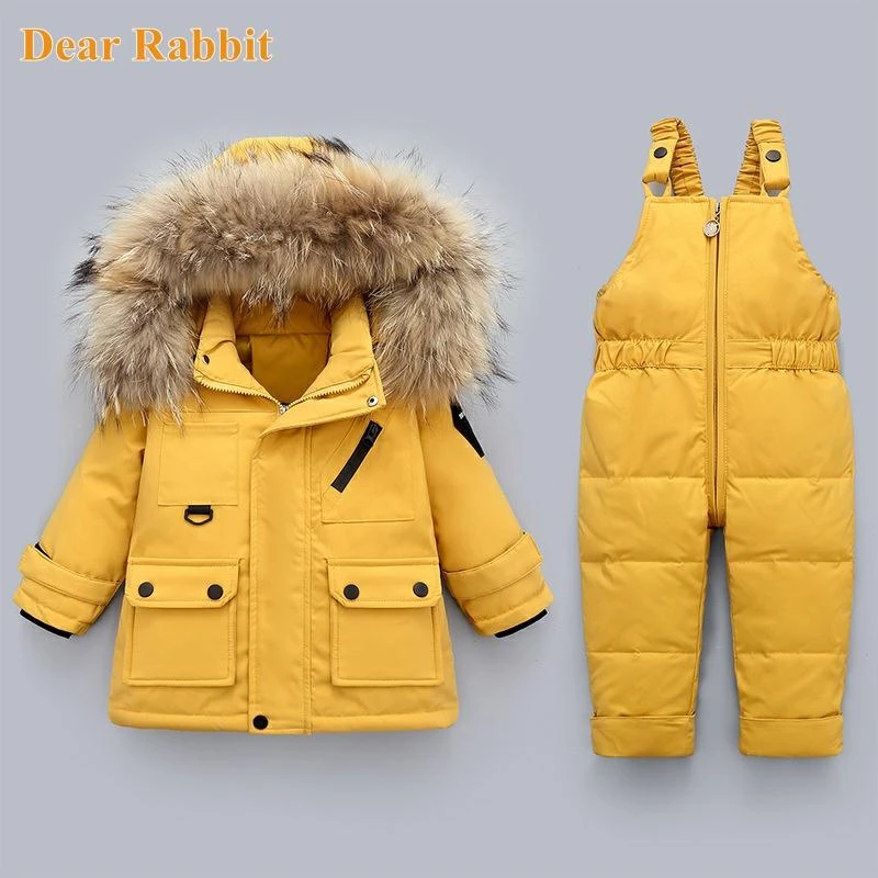 2021 Winter down jacket Jumpsuit Baby Boy parka real Fur Girl Clothes children Clothing Set Toddler Thick warm Overalls Snowsuit