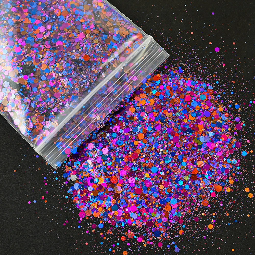 50g/Bag Holographic Nail Art Glitter Mixed Hexagon Sequins Decorations Flakes Colorful Chunky Symphony Color Laser Sequins Ta#23