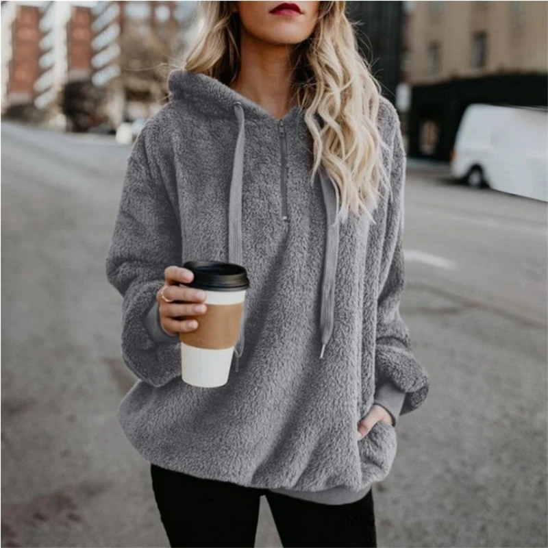 Fluffy Women Sweater Faux Fur Teddy Bear Coat Sweaters Ladies Fashion Hooded Coat Female Long Sleeve Fuzzy Jacket Oversized