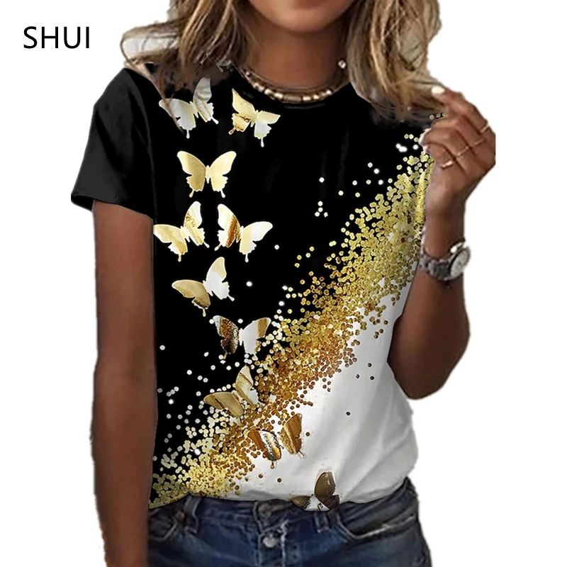 2021 New Butterfly Lady T-shirt 3D Floral Print Round Neck Casual Niche Design Sense Clothing Female Animal Series Short Sleeve