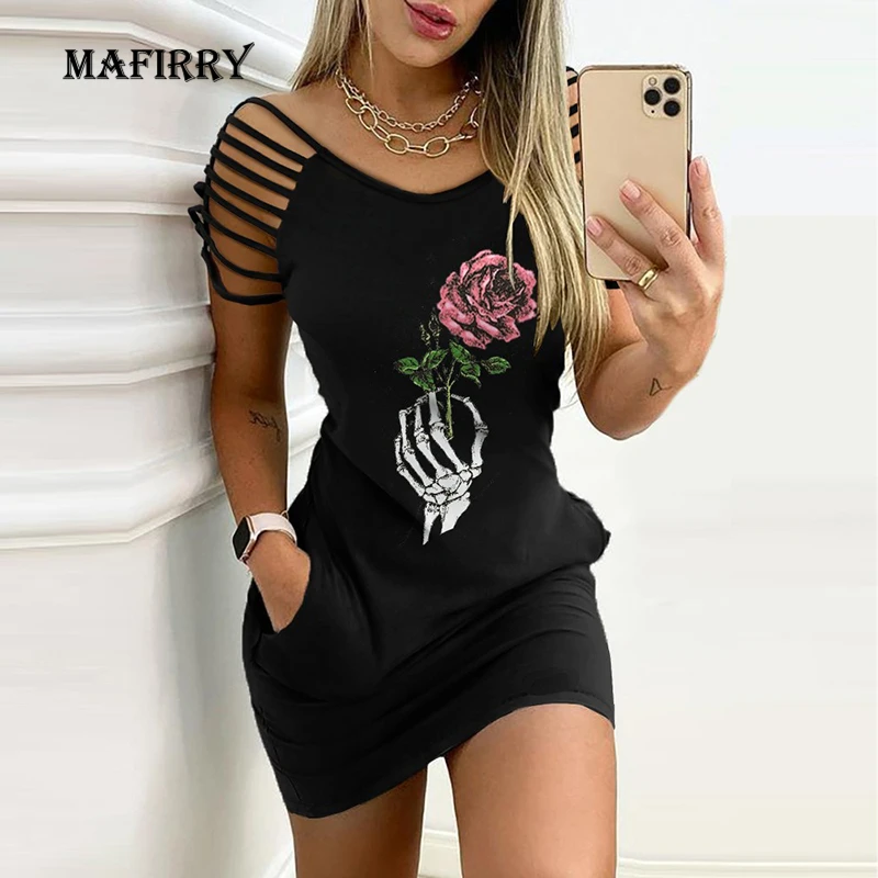 Women Lip Zip Print Mini Dress Sexy Sleeveless Off Shoulder Party Club Dress Female Pockets O-Neck Camisole Dress Plus Size XXXL