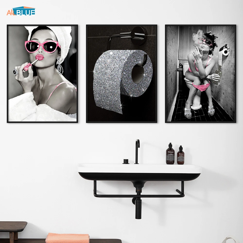 Fashion Sexy Woman Poster Print Girl Drinking Bar Canvas Painting Bling Toilet Roll Paper Picture Modern Wall Art Bathroom Decor