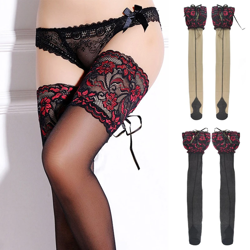 Sexy Women Fishnet Stockings Heel Back Seam Stockings Ladies Wide Lace Flower Silicone Bandage Thigh High Stockings