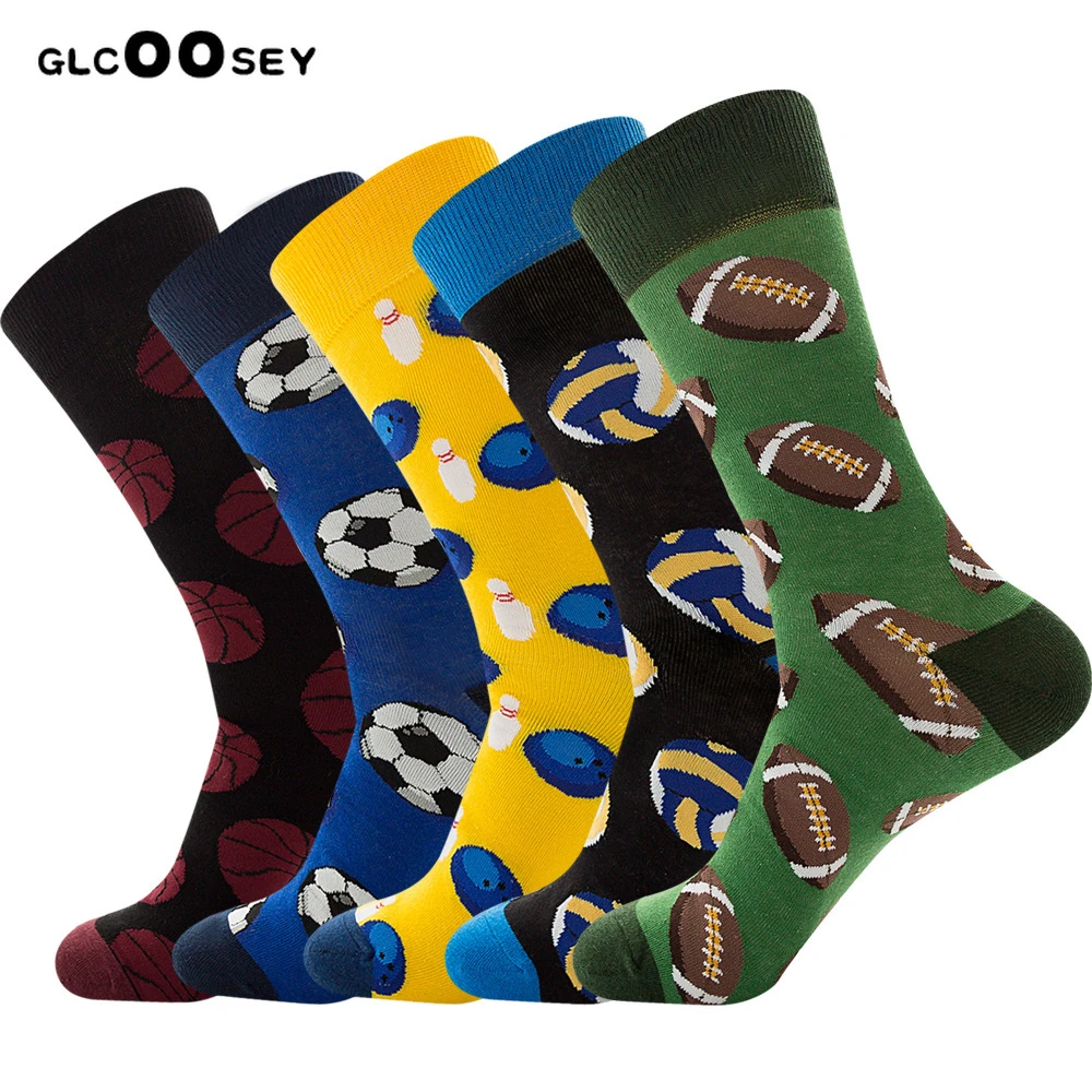 Colorful Men Basketball Soccer Rugby Tennis Football Bowling Sports Ball Pattern Happy Wedding Socks Funny Cotton Crew Homme Sox