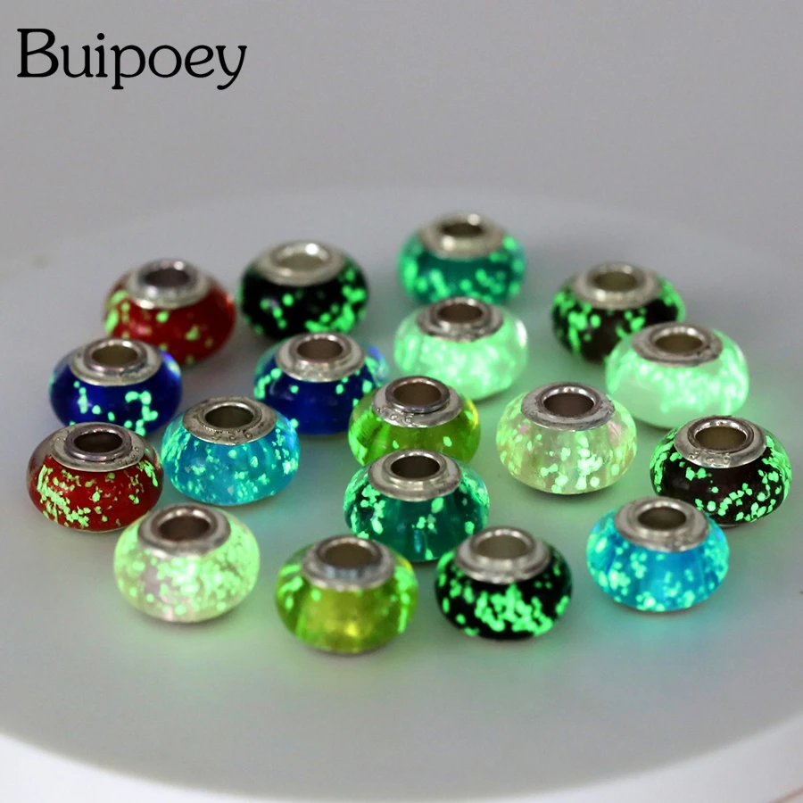 Buipoey 2pcs New Luminous Glass Beads Charm Fit original Brands Bracelet Bangle Fashion necklace Jewelry for Women Men gifts