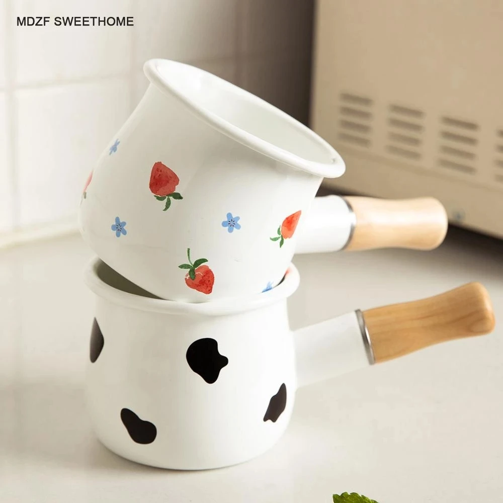 MDZF SWEETHOME 500ml Enamel Milk Pot With Wooden Handle Gas Stove Induction Cooke Baby Breakfast Milk Coffee Saucepan Cookware