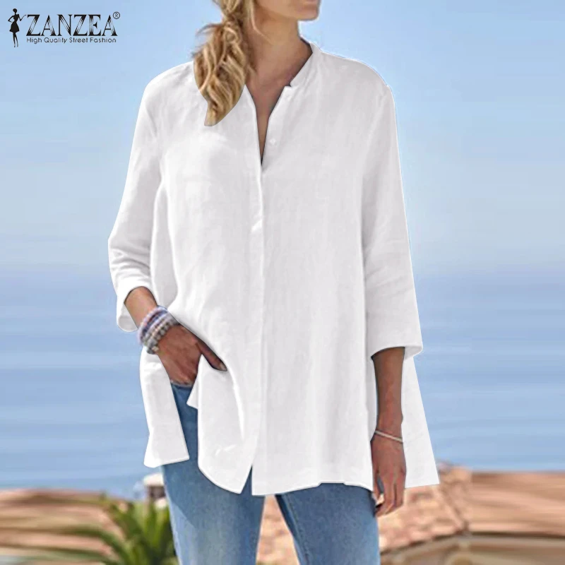 Oversized ZANZEA Women Elegant 3/4 Sleeve Buttons Down Shirt Casual Summer Blouse Work Blusas Female Solid Loose Tops Tunic