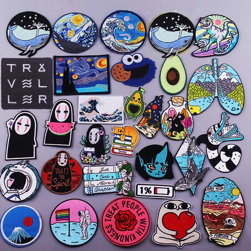Embroidery Patch Cartoon Anime Iron On Patch On Clothes No Face Man Van Gogh Embroidered Patches For Clothing Accessories Stripe