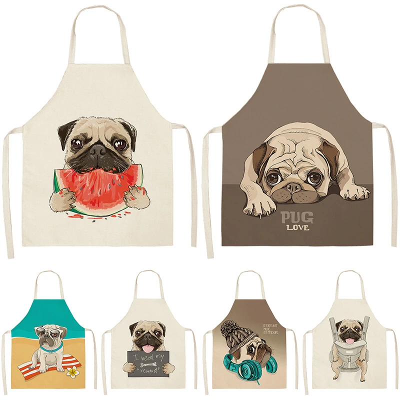 Cute Dog Pug Printed 53*65cm Cotton Linen Sleeveless Aprons Kitchen Aprons Women Home Cooking Baking Waist Bibs Pinafore WQL0152