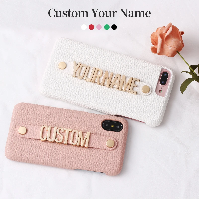 Holding Strap Metal Personalization Your Name Pebble Grain Leather Phone Case For iPhone 12 11 13 Pro XS Max XR 7Plus 8Plus X