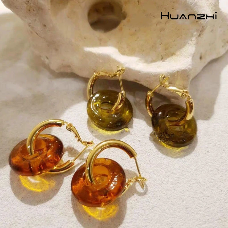 HUANZHI 2020 New S925 Retro Colorful Transparent Resin Hoop Earrings Geometric Round Earrings For Women Girls Party Jewelry