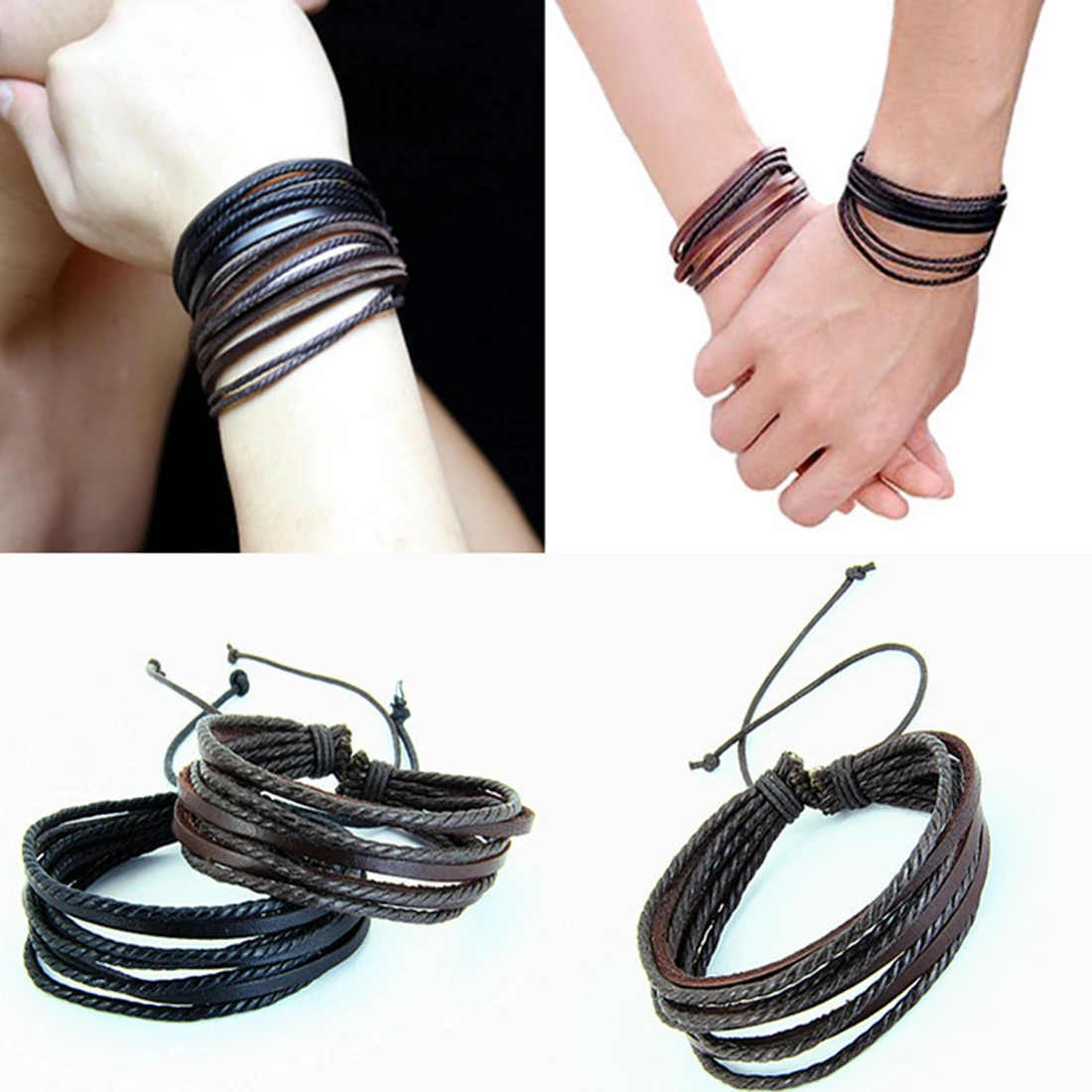 Hot Sell 100% Hand-Woven Fashion Jewelry Wrap Multilayer Leather Braided Rope Wristband Men Bracelets & Bangles For Women