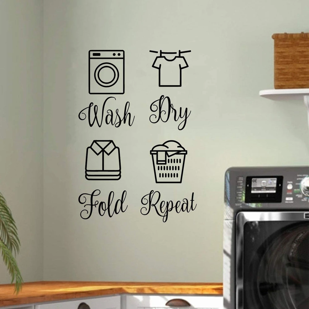 Wash Dry Fold Repeat Vinyl Decals  Laundry Room 5 inch Tall Set  Vinyl Wall Quote Sticker