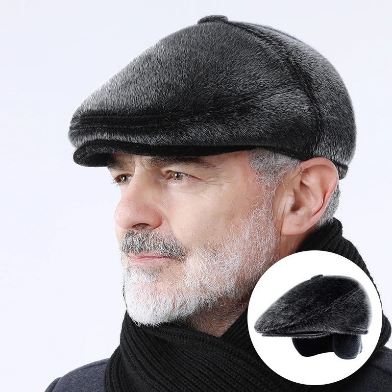 Winter Faux Fur Driving Men's Newsboy Cap With Earflaps Beret Dad Hat for Elderly Flat Visor Cap Winter Warm Hats for Old Men