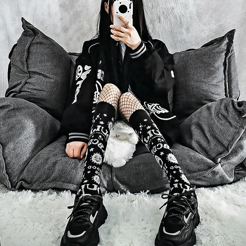 Harajuku Dark Magic Star Moon Knee Socks Women Girl Gothic Punk Streetwear Mall Goth JK School Casual Retro Ouija Board Long