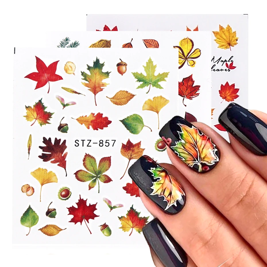 1pcs Fall Leaves Nail Art Stickers Gold Yellow Maple Leaf Water Decals Sliders Foil Autumn Design For Nail Manicure TRSTZ856-859