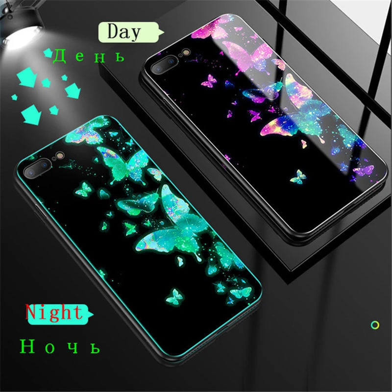 Luminous Glass Case For iPhone 13 12 Mini 11 Pro Max 5 5S 6 6S 7 8 Plus SE 2020 X XR XS Case Glowing Fluorescent Back Cover