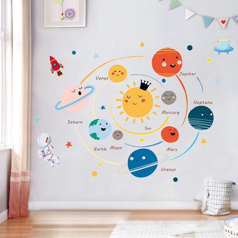 Solar System Wall Stickers Decals For Kids Rooms Stars Outer Space Planets Earth Sun Saturn Mars Poster Mural School Decor