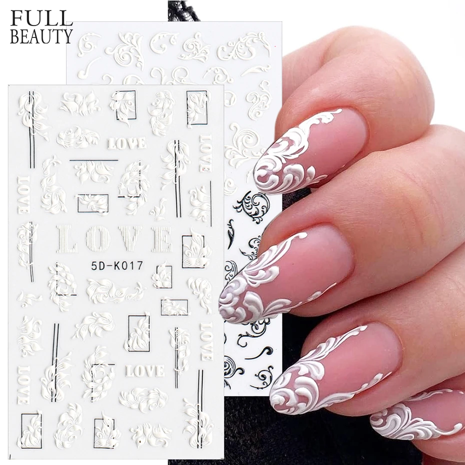 5D Acrylic Engraved Nail Sticker White Embossed Flower Sliders Nail Art Decorations Lace Wedding Design All For Manicure CH5D-K