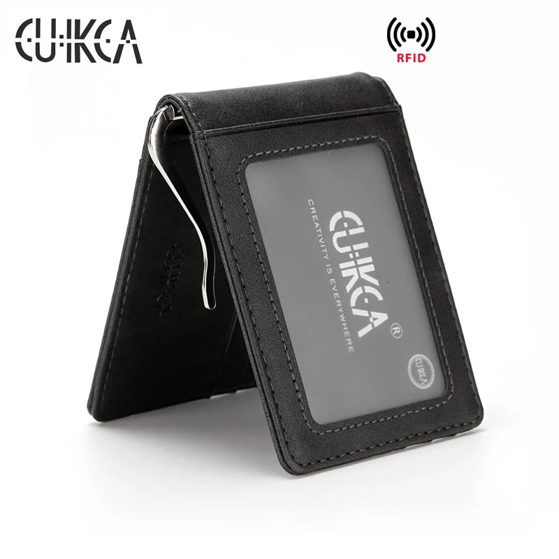 CUIKCA Unisex Rfid Wallet Purse Money Clip Women Men Metal Clip Slim Leather Wallet Business ID Credit Card Cases Travel Wallet