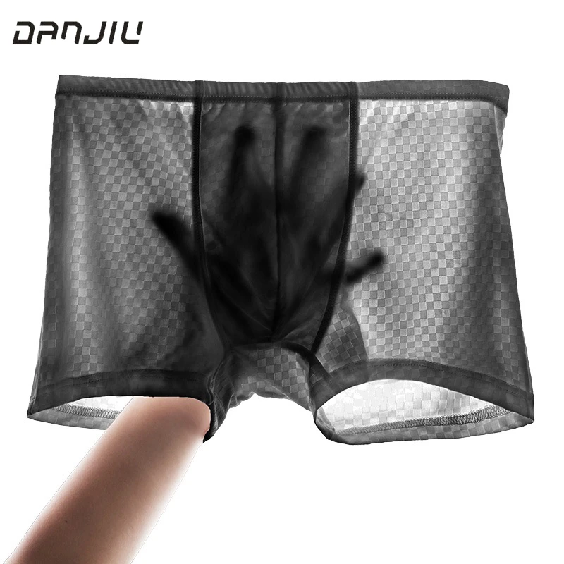 Ice Silk Mesh Grid Breathable Man Boxers Middle Waist Solid U Pouch Bag Mens Underwear High Elasticity Seamless Male Underpants