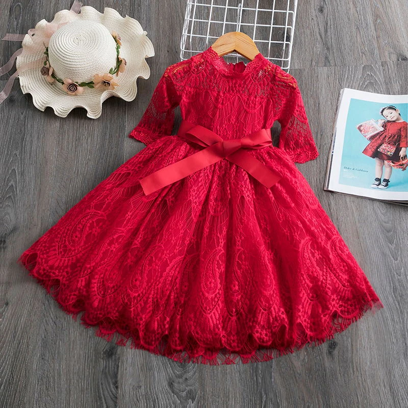 Girls Spring Dress Red Ceremony Dress Girls New Year Costume Lace Wedding Dress for Girls Elegant Party Gown Frocks Dresses