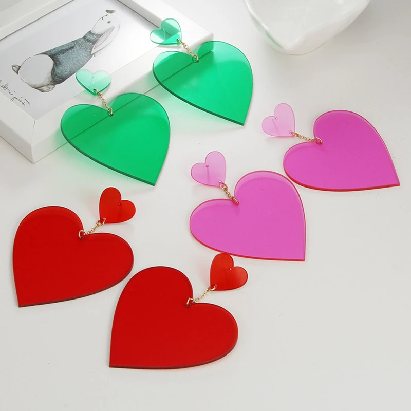 Exaggerated Punk Neon Red Pink Heart Drop Earrings Geometric Big Personality Long Dangle Earring Brincos Party Nightclub Jewelry