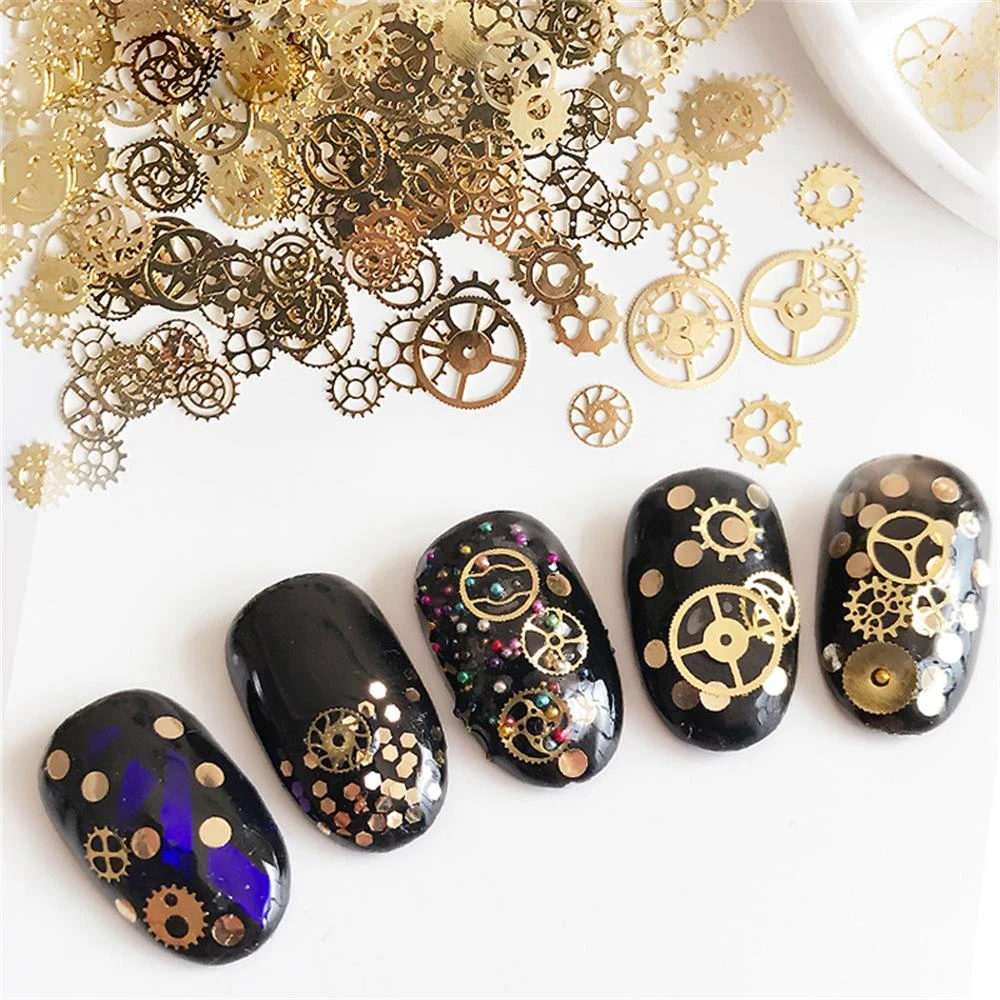 1Box Fashion DIY Metallic Nail Sequins Gold Color Hollow Mechanical Component Gear Wheel Nail Art Flakes Manicure Decors Tips