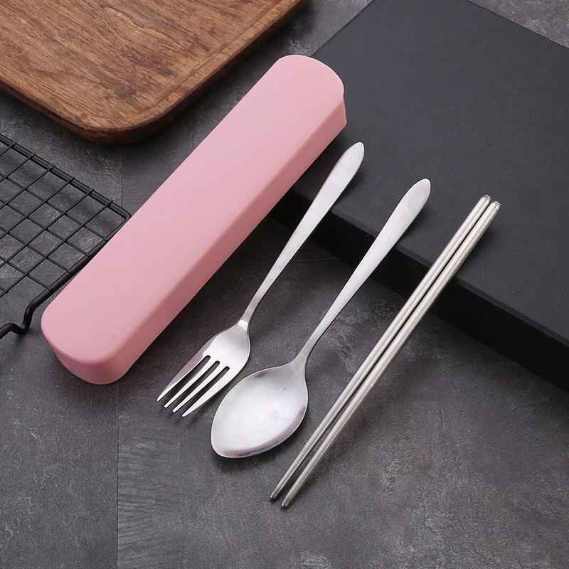 3Pcs/Set Tableware Reusable Travel Cutlery Set Camp Utensils Set with Stainless Steel Spoon Fork Chopsticks Straw Portable Case