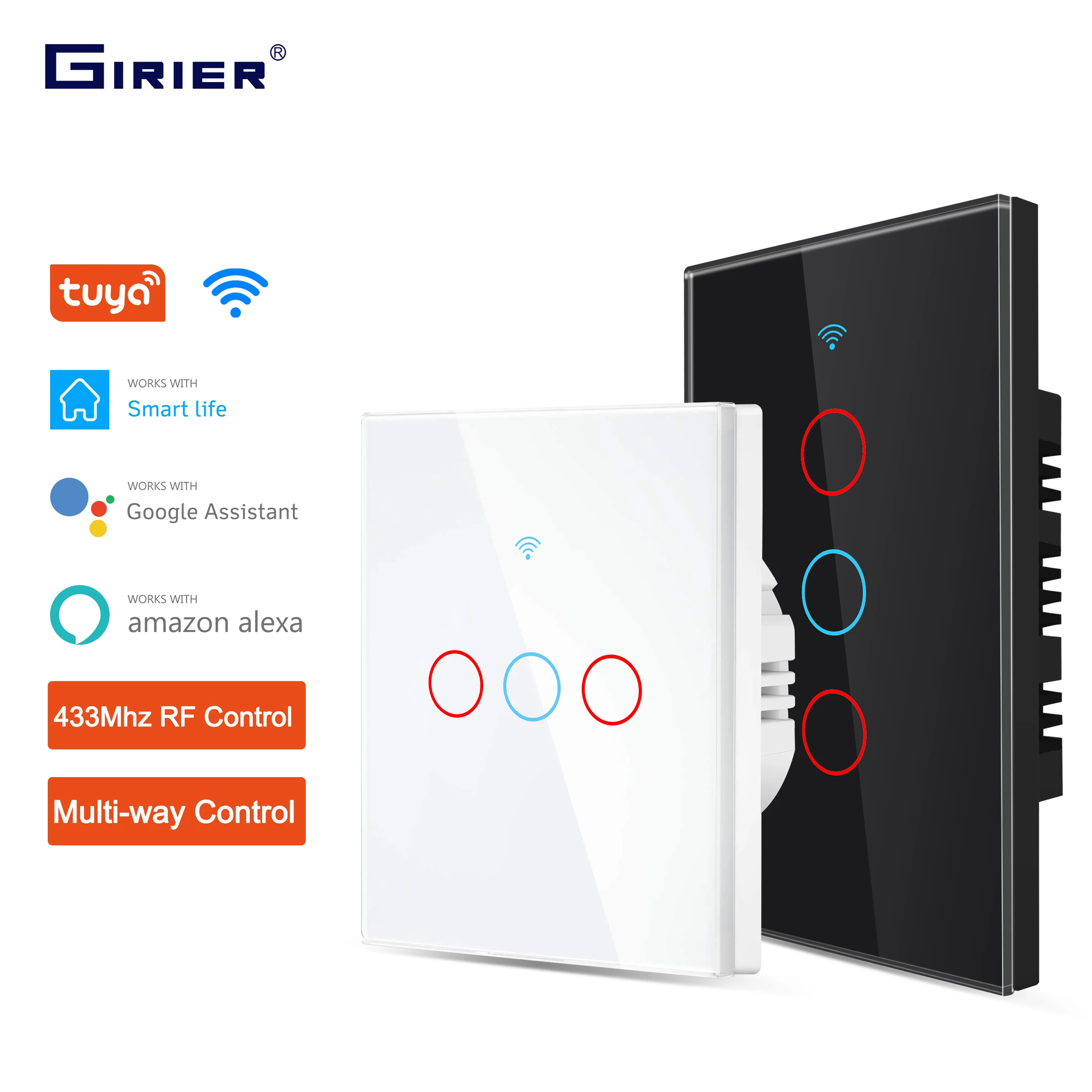 GIRIER Tuya Wifi Light Switch, Smart Touch Wall Switch EU/US Support Multi-way Control 100-240V, Works with Alexa Google Home