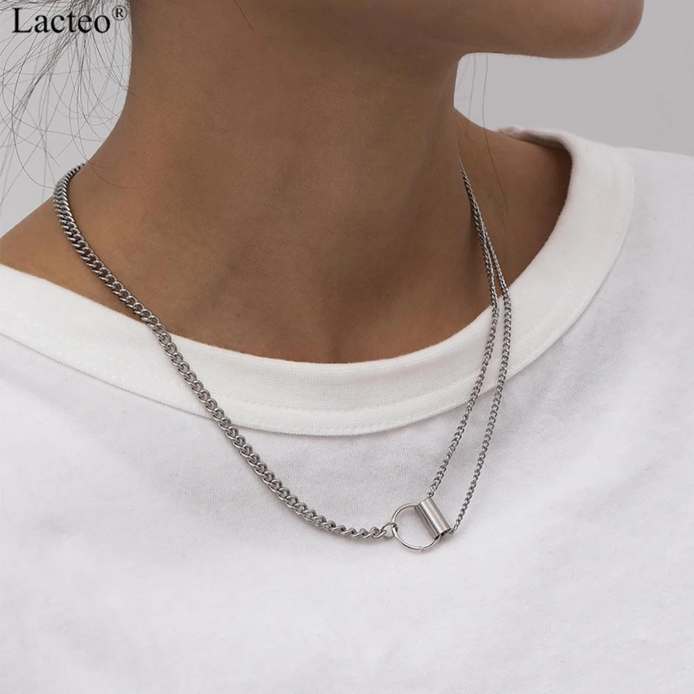 Lacteo Simple Minimalist Stainless Steel Double layer Chain Choker Necklace Fashion Circle Buckle Jewelry for Men and Women Gift