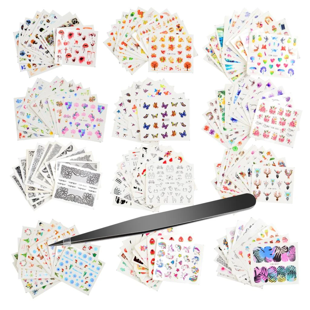 1 Tweezers +12 Nail Sticker Water Flower Butterfly Decals Sticker Lots Nail Art Tattoo DIY Full Slider Manicure Decorations