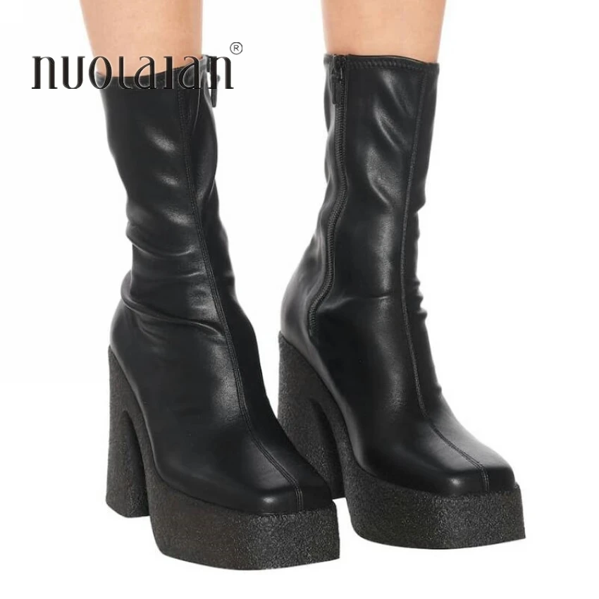 2021 NEW brand women autumn winter warm boots sexy high heels platform black brown zipper shoes woman ankle boots big size 35-42