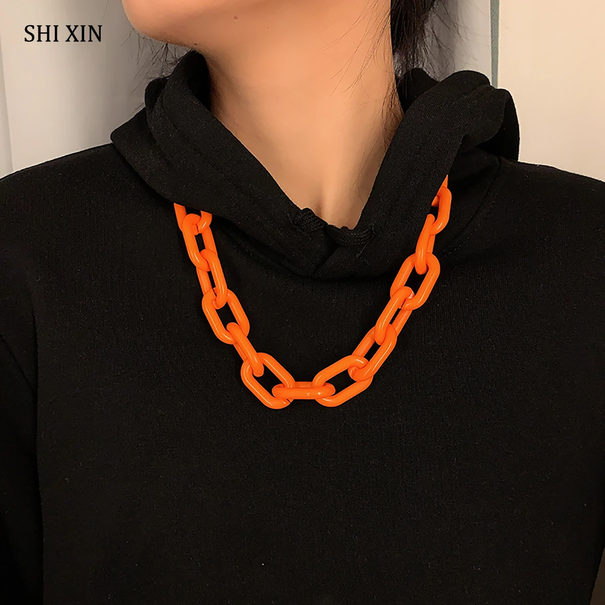 SHIXIN Hip Hop Acrylic Chunky Link Chain Necklace for Women/Men Bright Color Long Thick Choker Necklace Colar Egirl Neck Jewelry