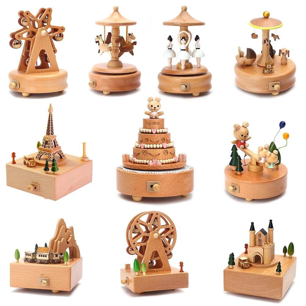 Carousel Musical Boxes Wooden Music Box Wood Crafts Retro Birthday Gift Vintage Home Decoration Accessories Valentine's Day Gift