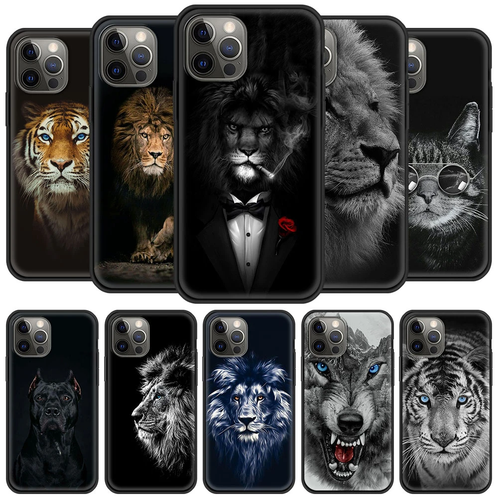 Phone Case For iPhone 11 Pro 12 Pro Max XR 7 8 SE 2020 X XS Max 6 7 8 Plus Luxury Black Shell Cover Wolf Lion Animal funda