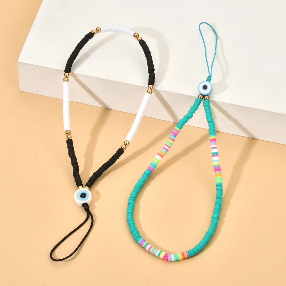 Boho New Summer Colorful Clay Mobile Phone Chain Lanyards for Women Girls Bohemia Eye Pearl Rope Phone Case Hanging Cord Jewelry