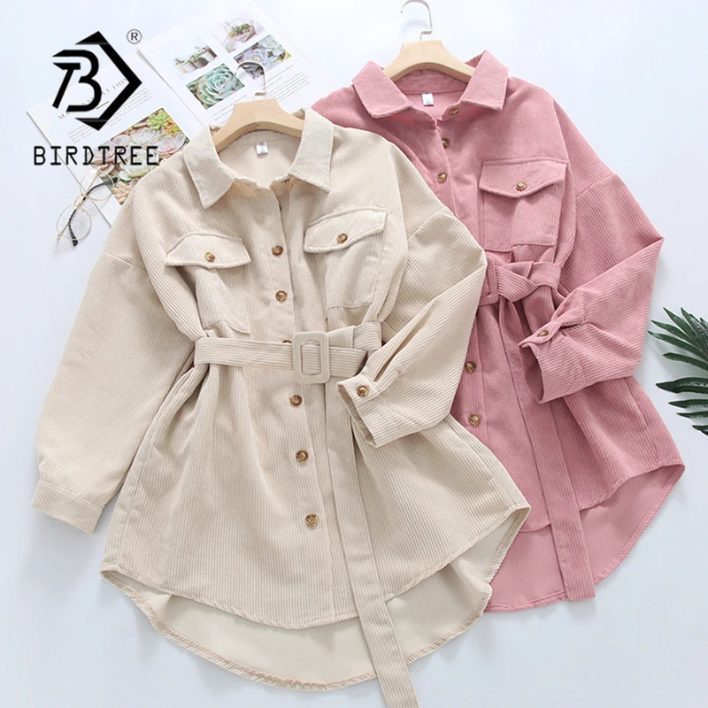 Spring New Women Solid Corduroy Batwing Sleeve Vintage Shirt Jacket With Belt Turn-Down Collar Long Outwear Female Casual Tops