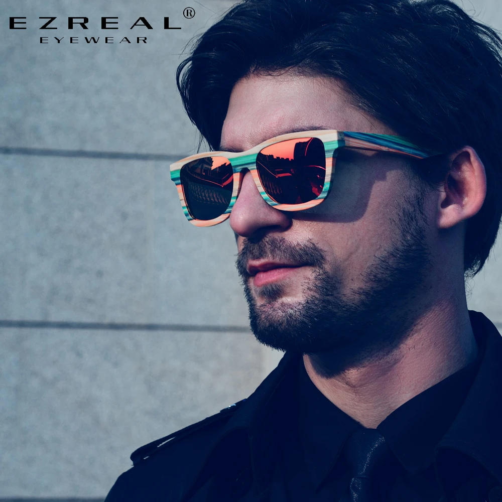EZREAL Skateboard Wood Bamboo Sunglasses Polarized for Women Mens New Brand Designer Wooden Sun Glasses UV Protection Lens S3834