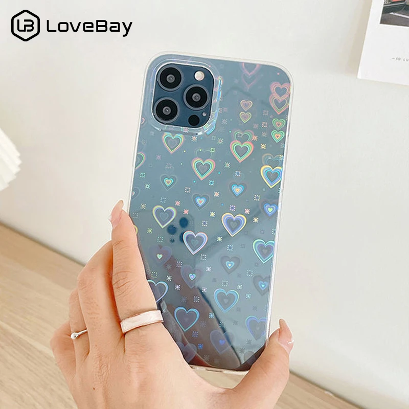 Lovebay Laser Transparent Love Heart Phone Case For iPhone 12 11 Pro 13 Pro Max X XR XS Max 7 8 Plus SE 2020 Soft TPU Back Cover