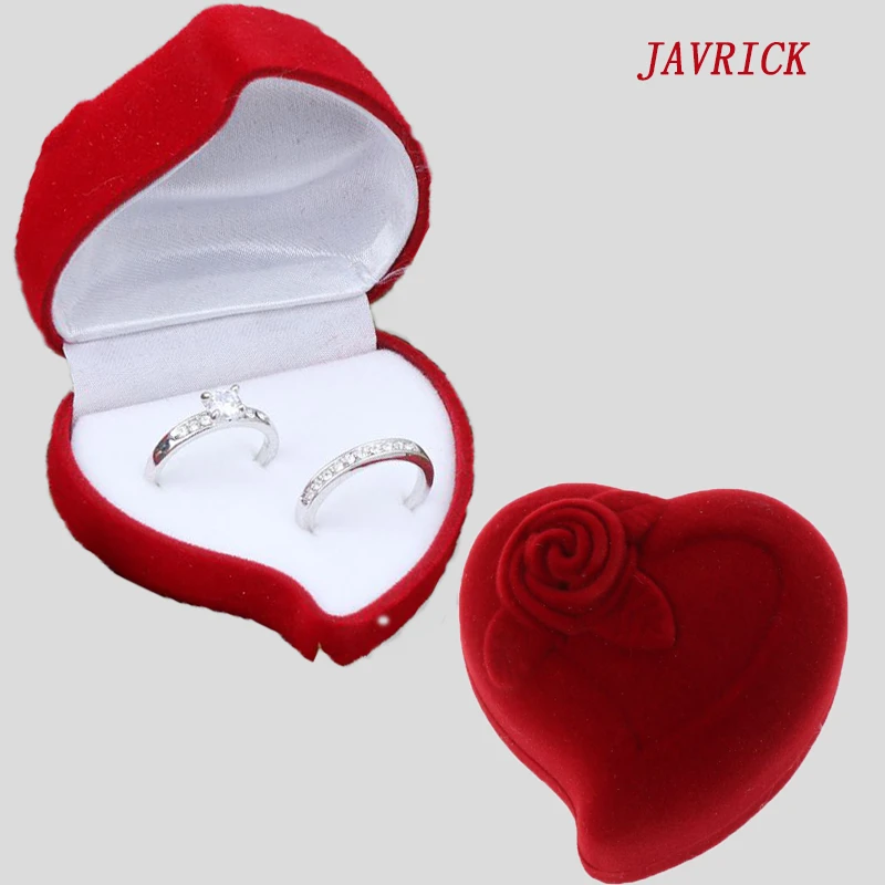 Double Wedding Rings Box Velvet Heart Shape Red Rose Flower Box Jewelry Display