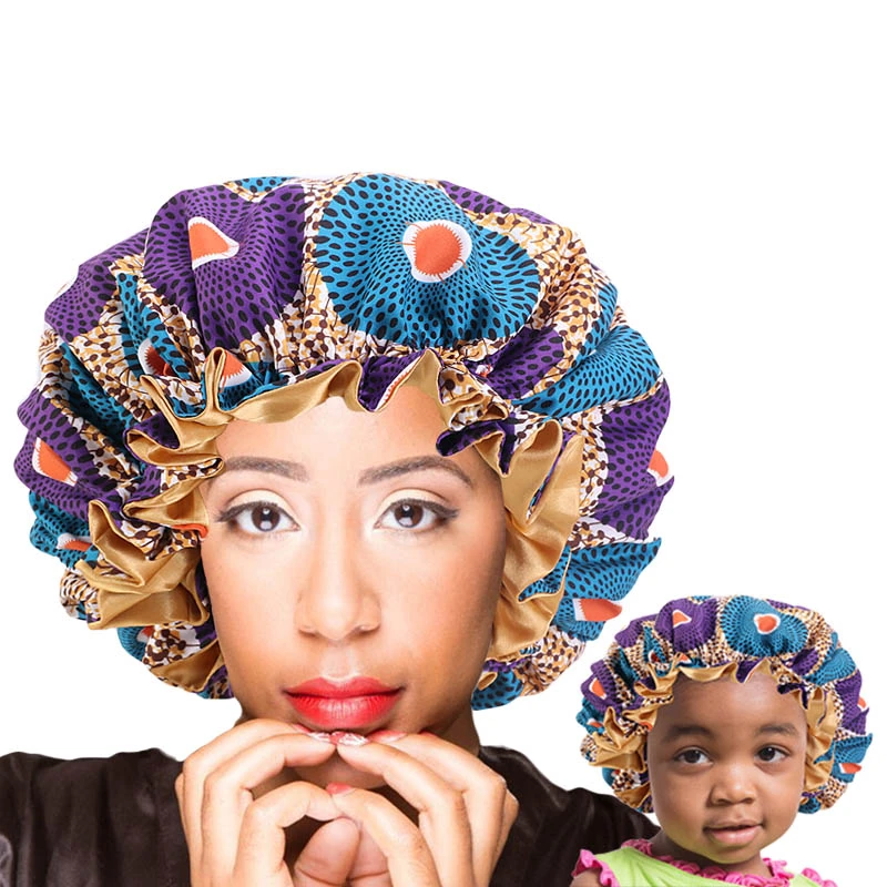 Mommy And Me Bonnet Set Double Layer Silky Sleep Cap African Pattern Print Satin Lined Bonnet Women girl Hair Care Hat Headwrap