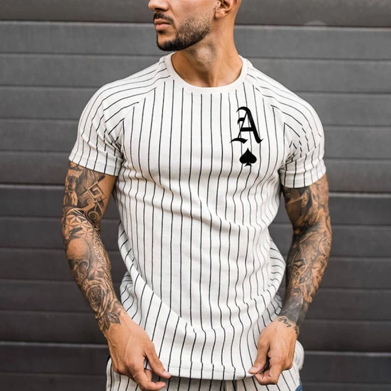 Men's T-shirt Striped T-shirt Round Neck Shirt Fashion Poker Print Short Sleeve T-shirt Top Summer Men's Clothing Street Wear