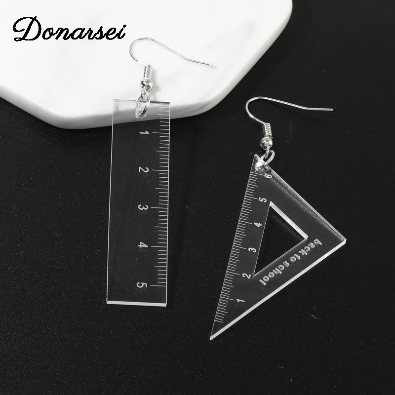 Donarsei Personality Transparent Ruler Acrylic Earrings For Women Creative Triangle Ruler Drop Danlge Earrings Funny Jewelry