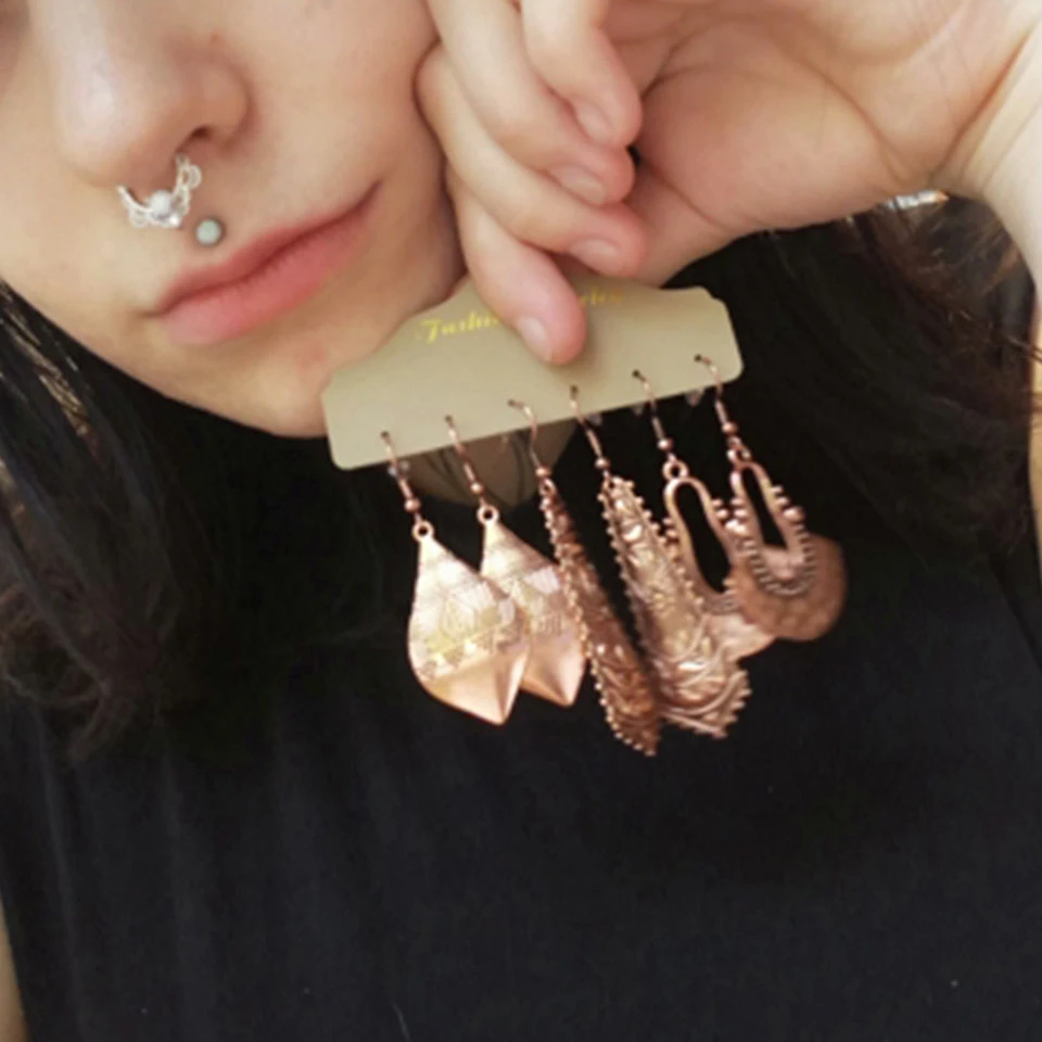 Ethnic Rose Gold Metal Tassel Fringe Womens Earrings Sets Jewelry Bohemia Vintage Round Circle Leaf Geometric Drop Earrings Gift