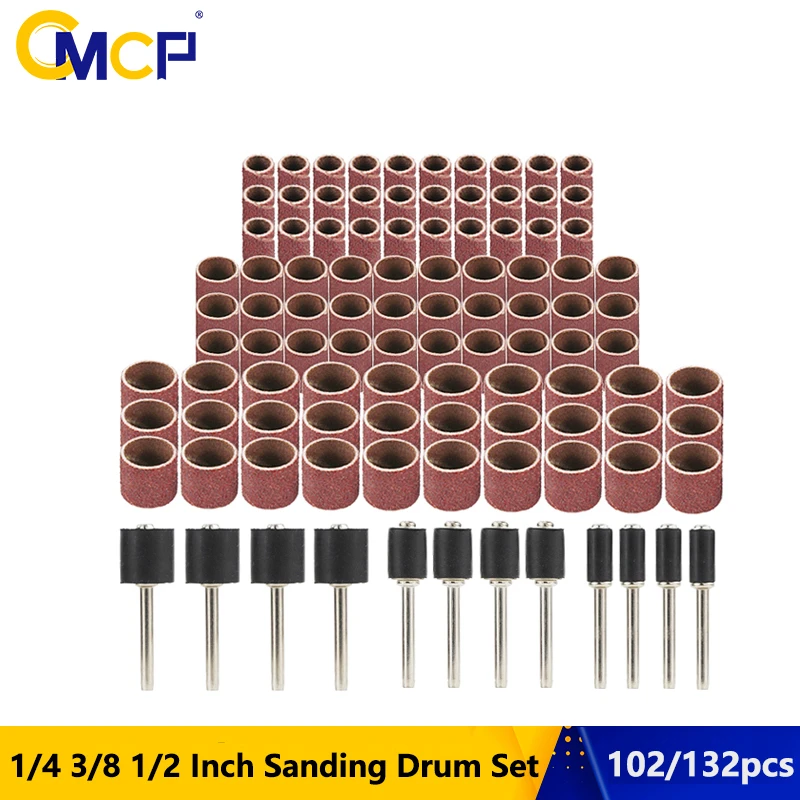 CMCP 102pcs 1/4 3/8 1/2 Inch Sanding Drum Set With Sanding Mandrels Sanding Bands For Nail Dremel Accessories