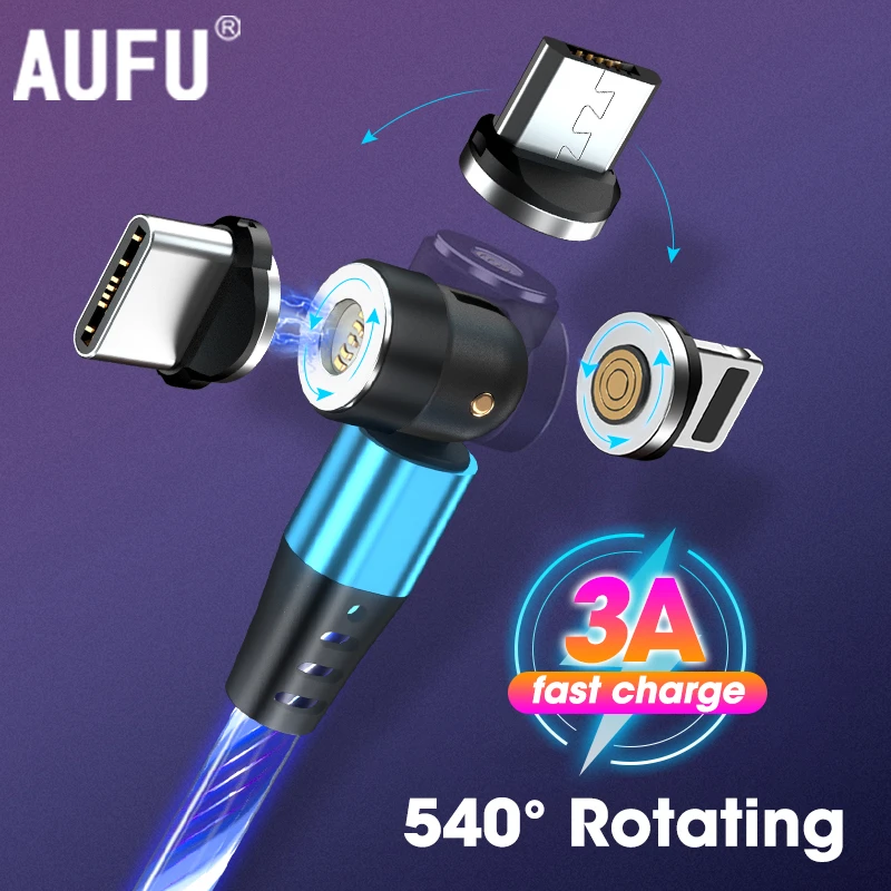 AUFU Glowing lighting Quick Charge Magnetic Charger 3.0 Micro USB Cable Data Fast Magnet Phone Charging Cord Type C Cable