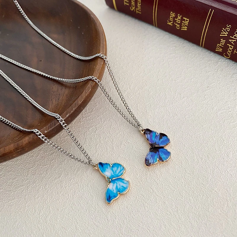 Blue Purple Butterfly Metal Necklace Women Trendy Simple Wild Pendant Dangle Clavicle Chain Jewelry