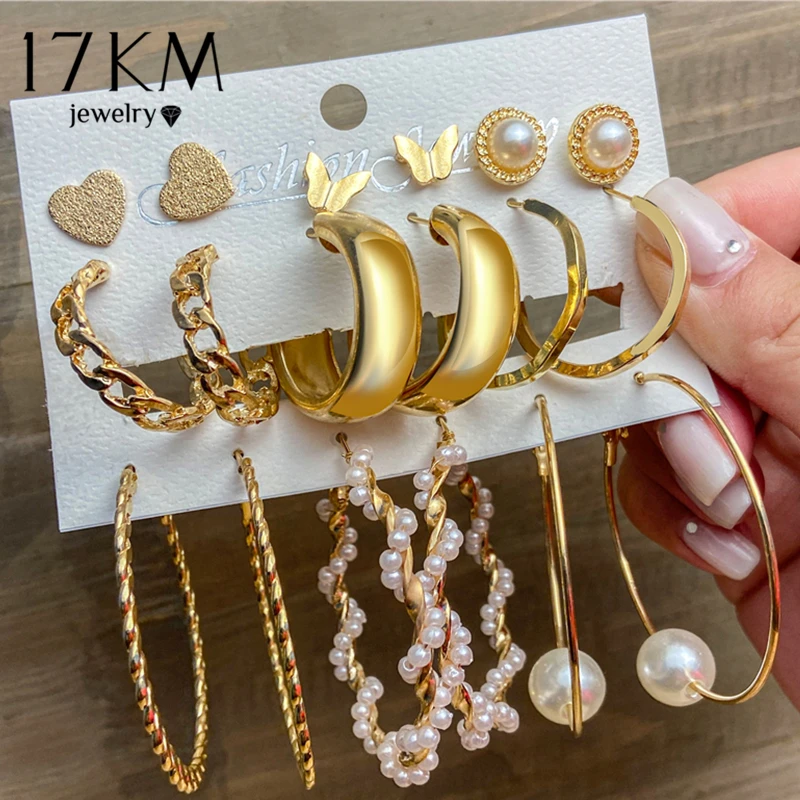 17KM Trendy Big Pearl Drop Earrings Set For Women Fashion Gold Geometric Circle Chain Earrings 2021 NEW Set of Earrings Jewelry