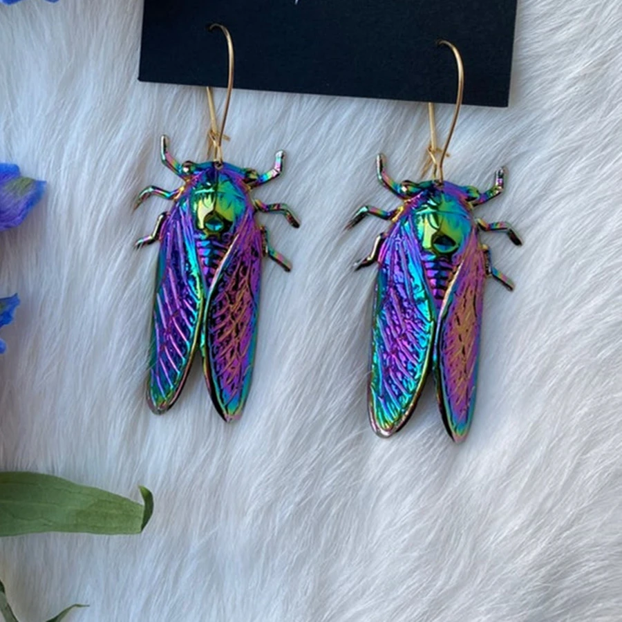 lucky Rainbow colored psychedelic insect long Cicada drop earrings metal gold plated wire fancy unique earrings for women girls